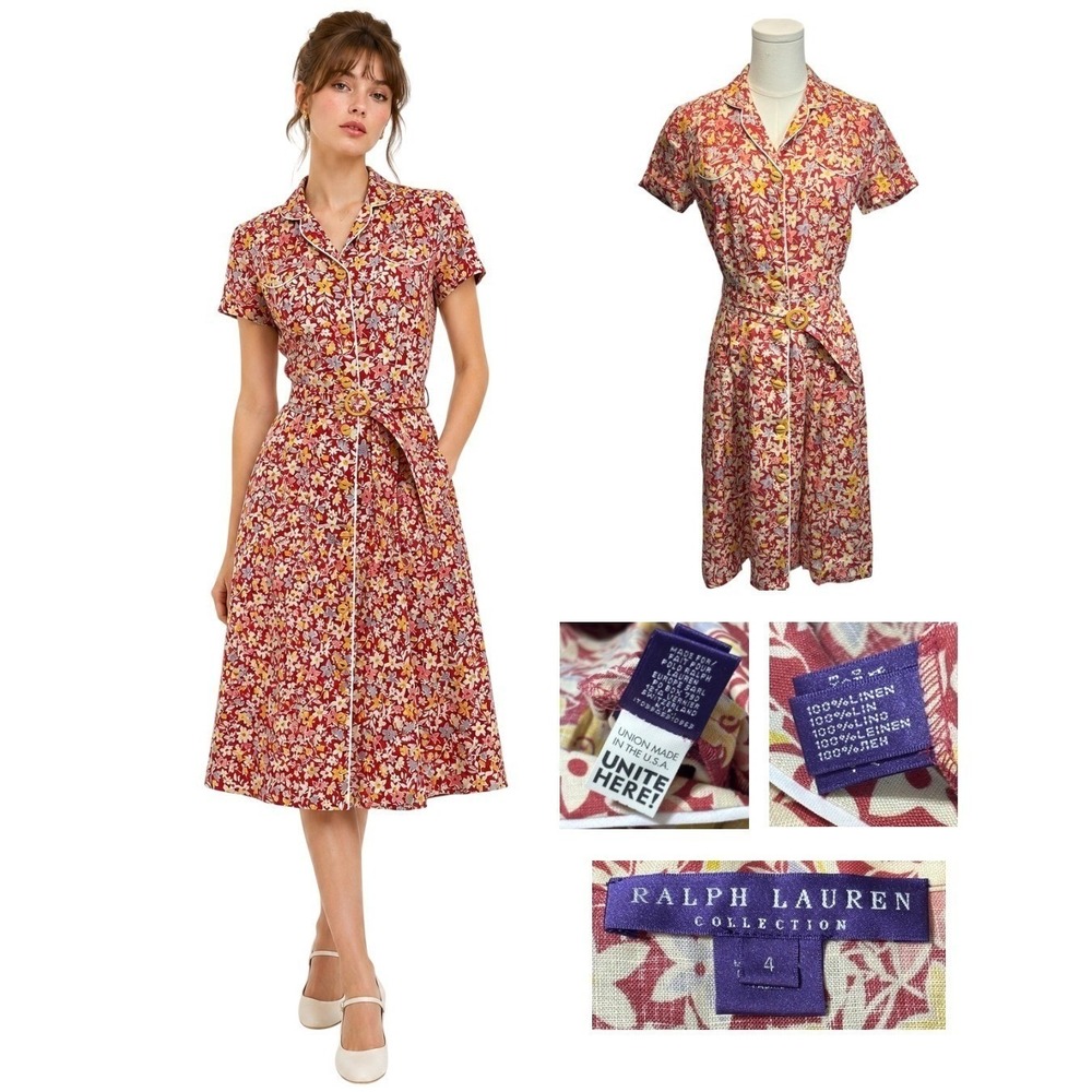 Ralph Lauren‎ Purple Label Day Dress Button Front Linen Midi Floral USA UNION 4